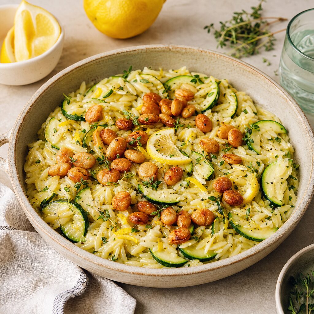 One-Pan Summer Courgette and Lemon Orzo with Crispy Butter Beans