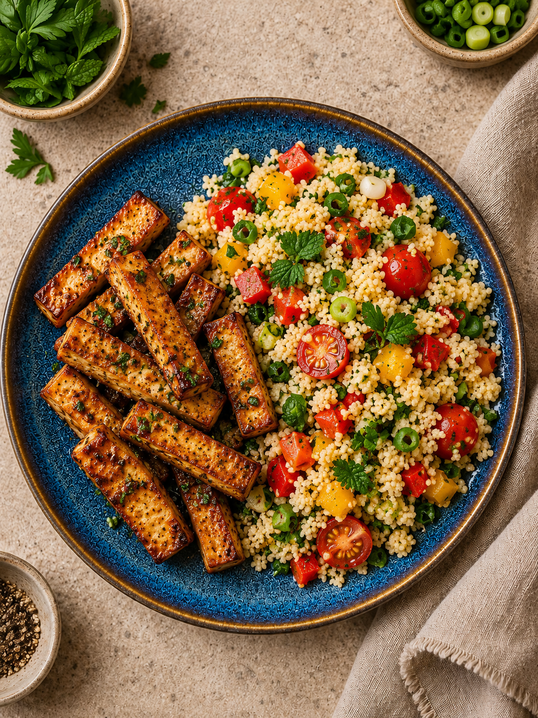 Couscous salad with caramelized tofu