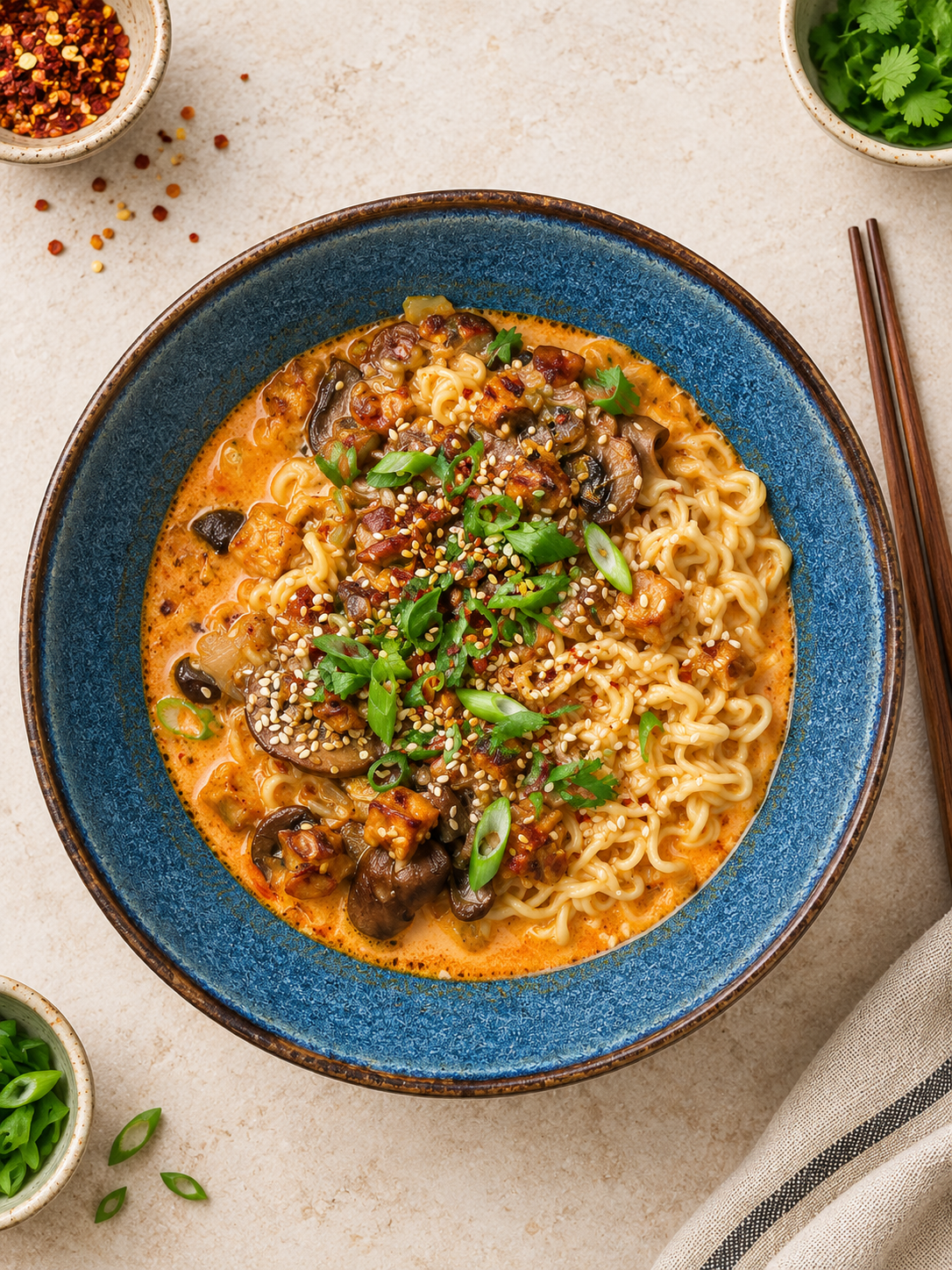 Creamy, spicy noodle soup with crunchy tempeh