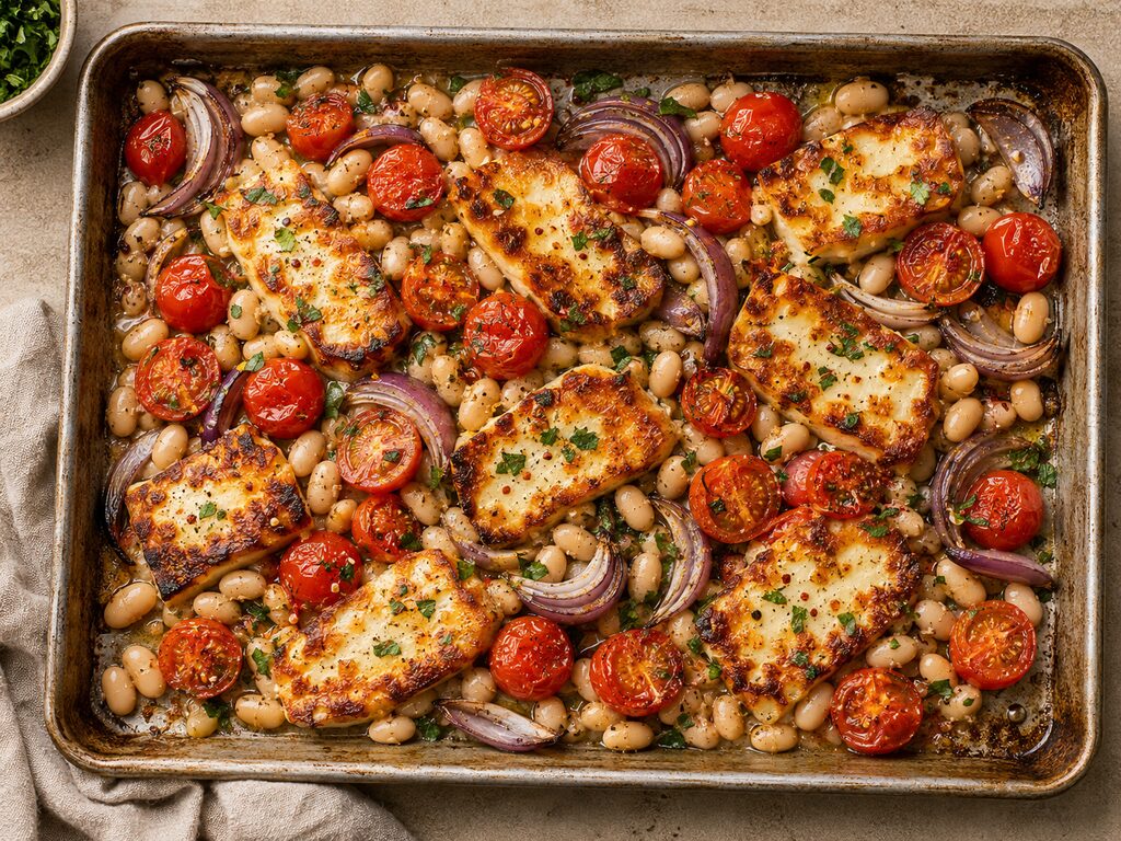 Crispy Halloumi With Tomatoes and White Beans