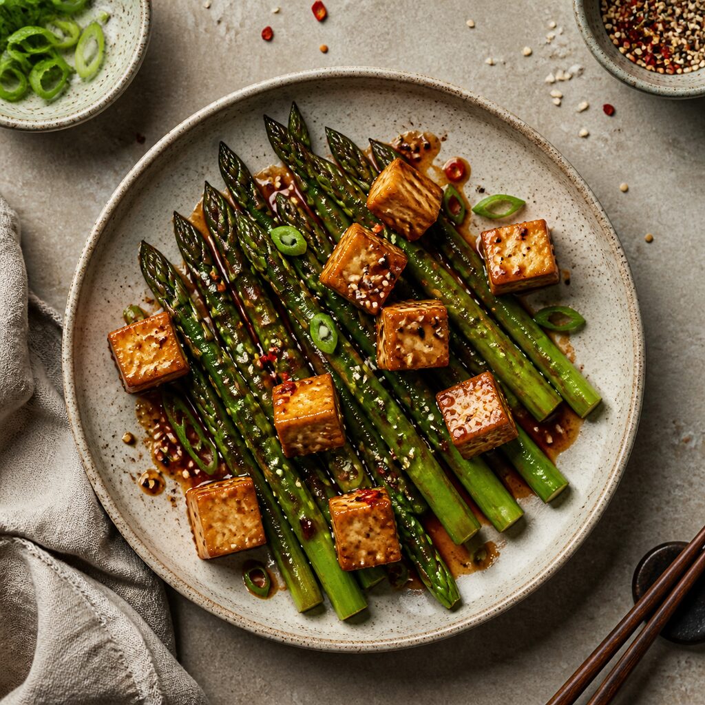 Miso-Chile Asparagus With Tofu