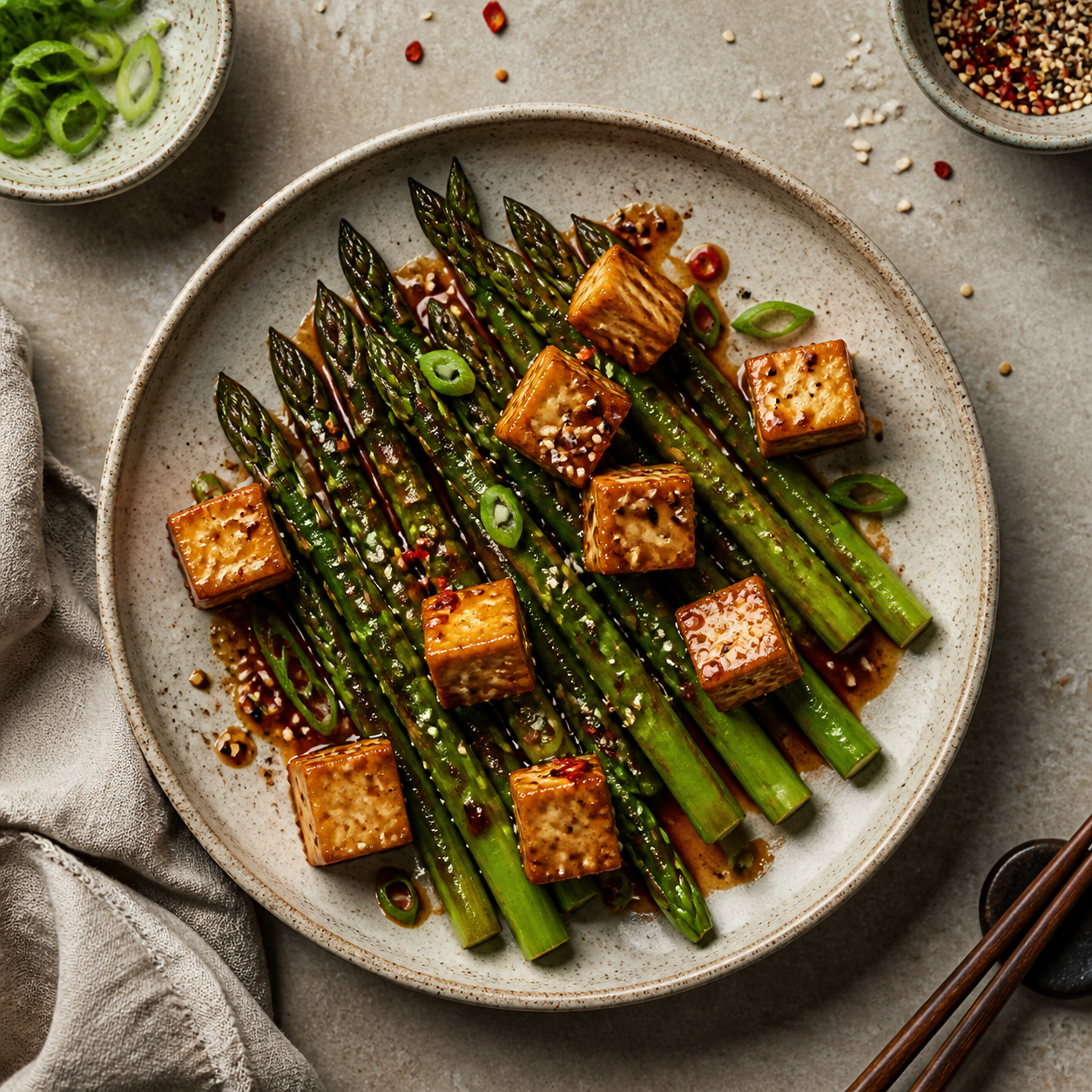 Miso-Chile Asparagus With Tofu
