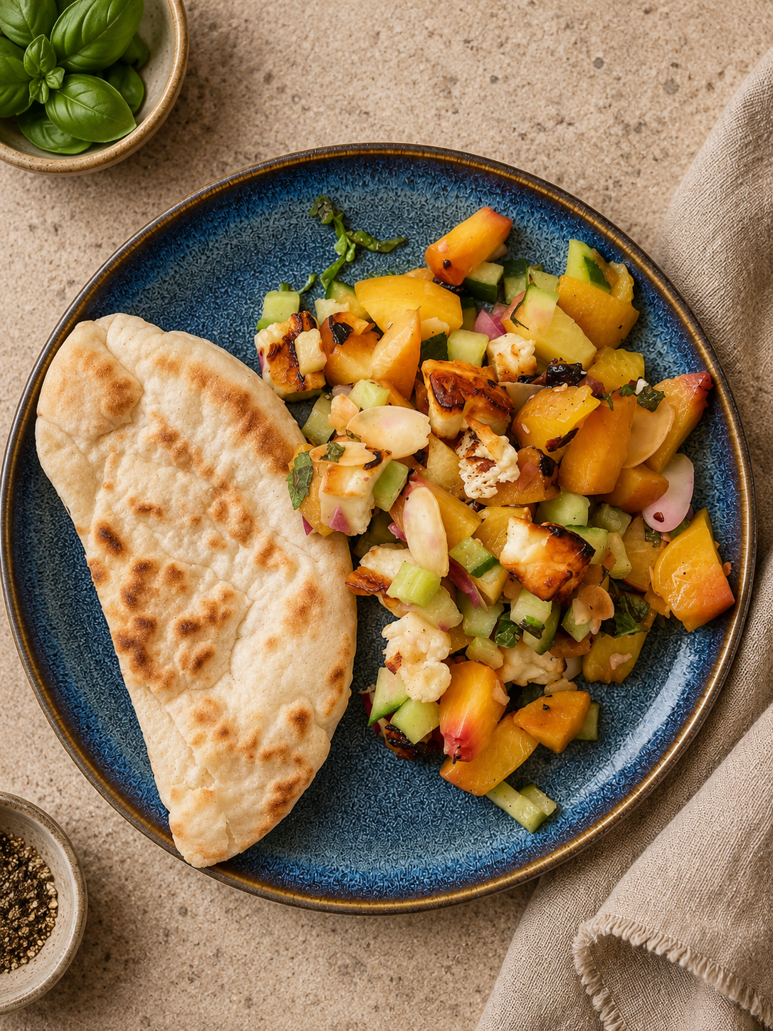 Cucumber, grilled Halloumi & Peach Salad