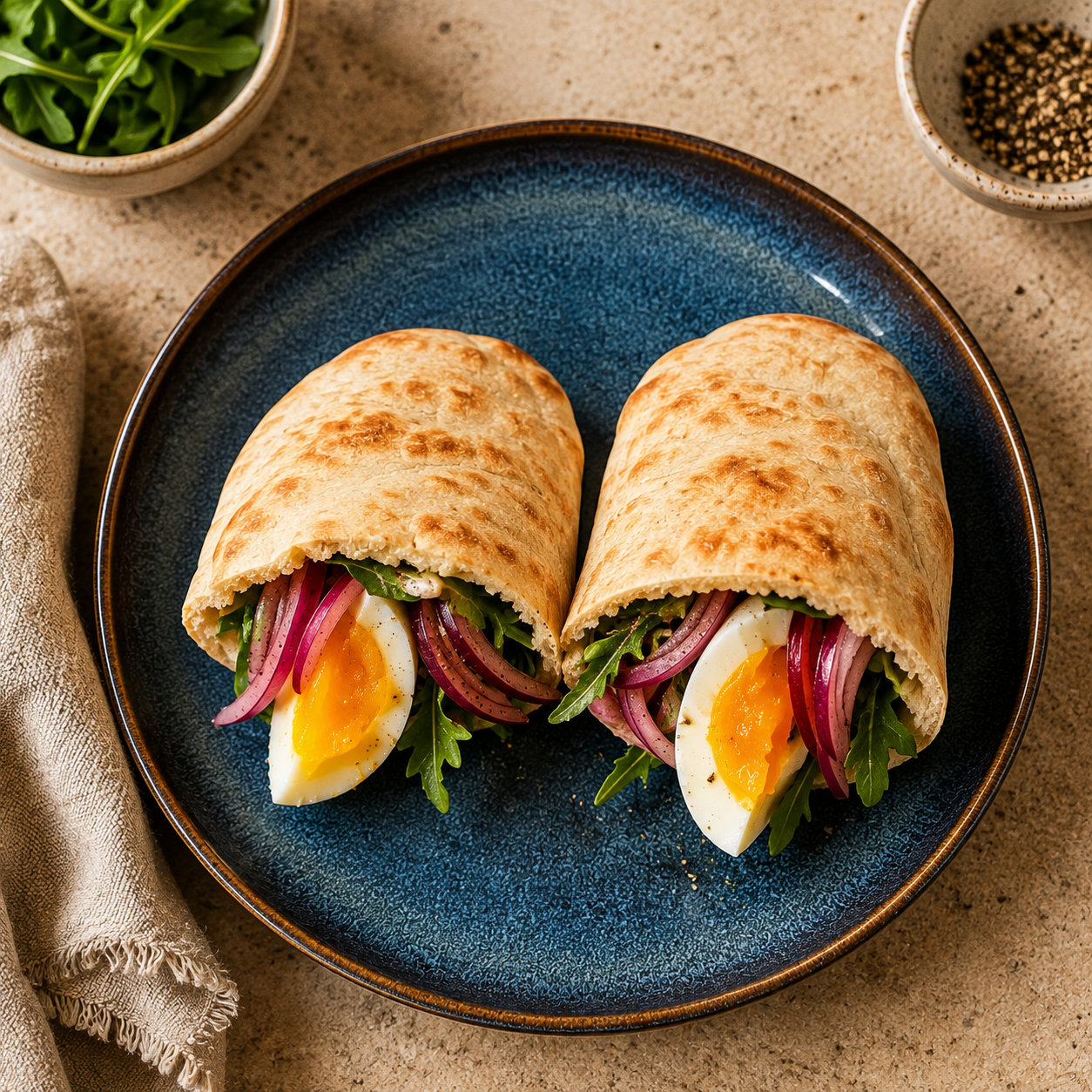 Pita with sumac onions and soft boiled eggs