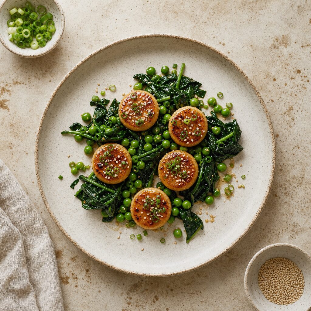 Miso Rice Cakes With Spinach and Peas