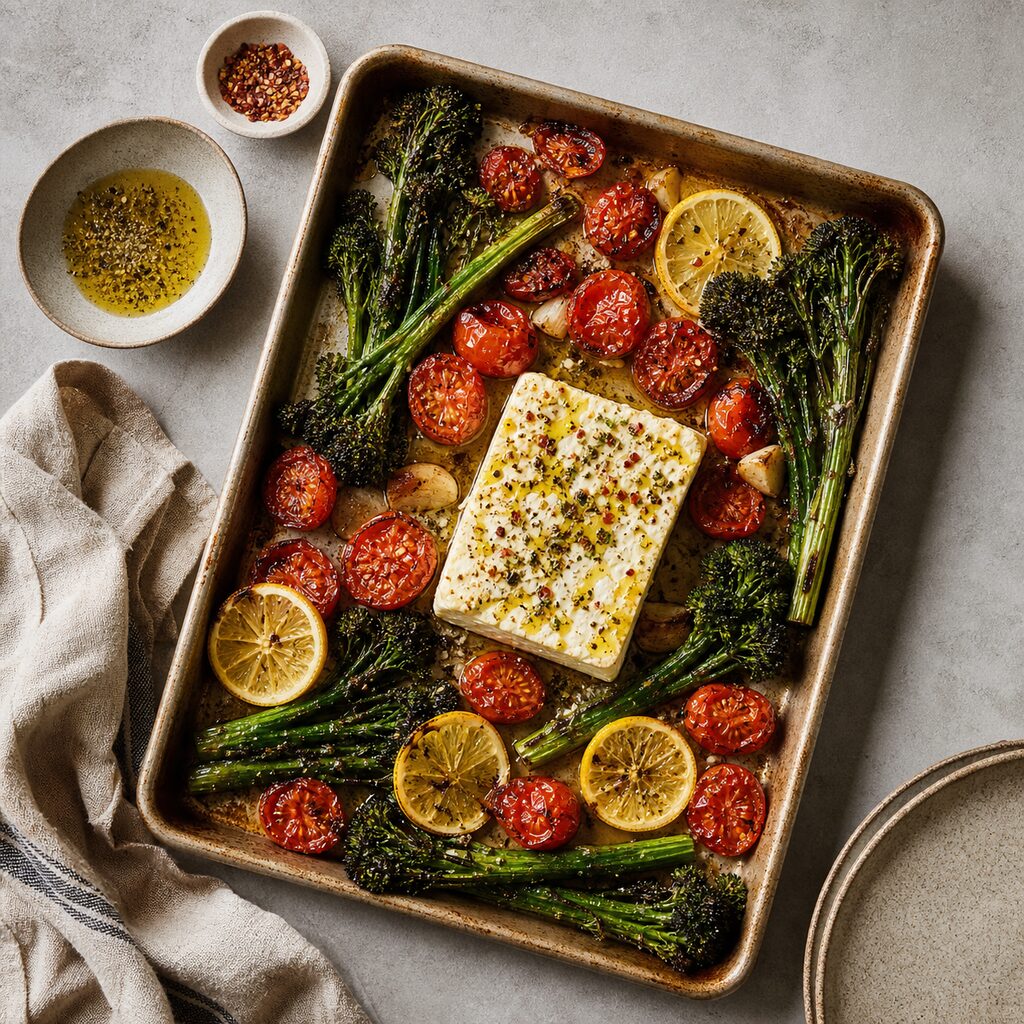 Sheet-Pan Baked Feta With Broccoli, Tomatoes and Lemon