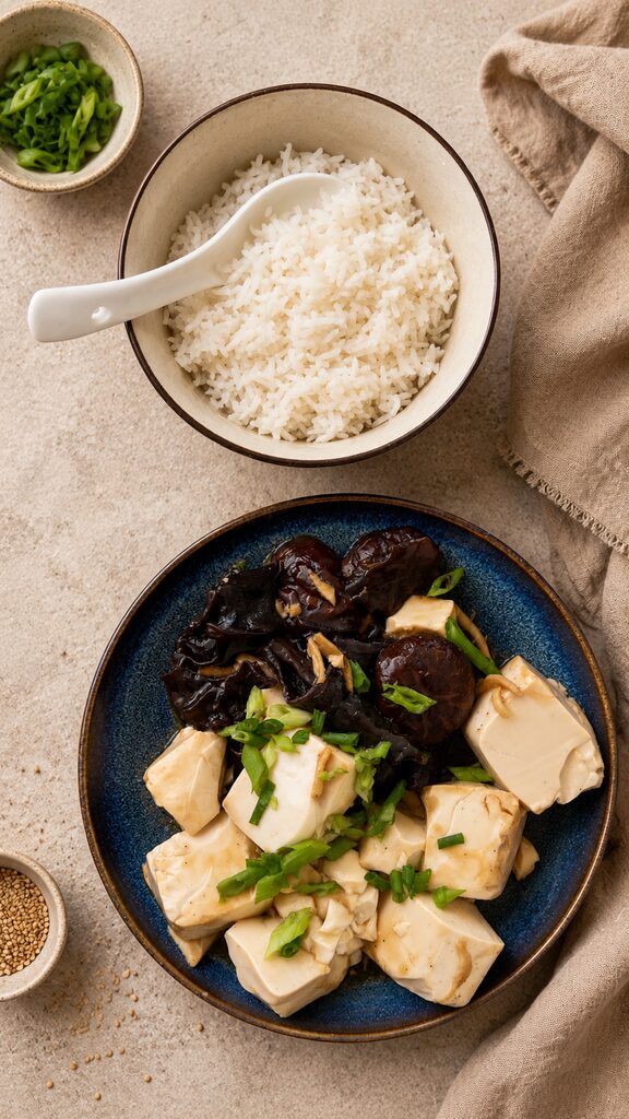 Steamed Tofu with Shiitake and Wood Ear Mushrooms